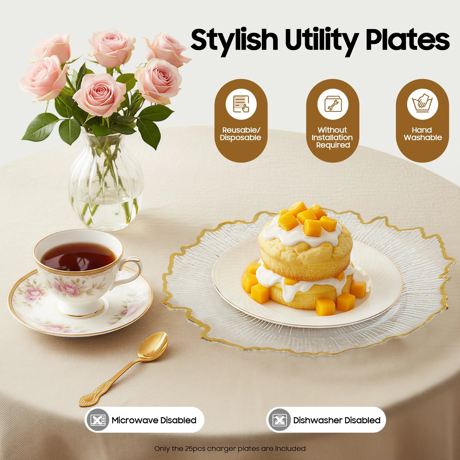 Charger Plate Set of 25 Gold Floral Rim Clear Plastic Serving Charger Plates for Wedding Party Banquet Catering Decoration