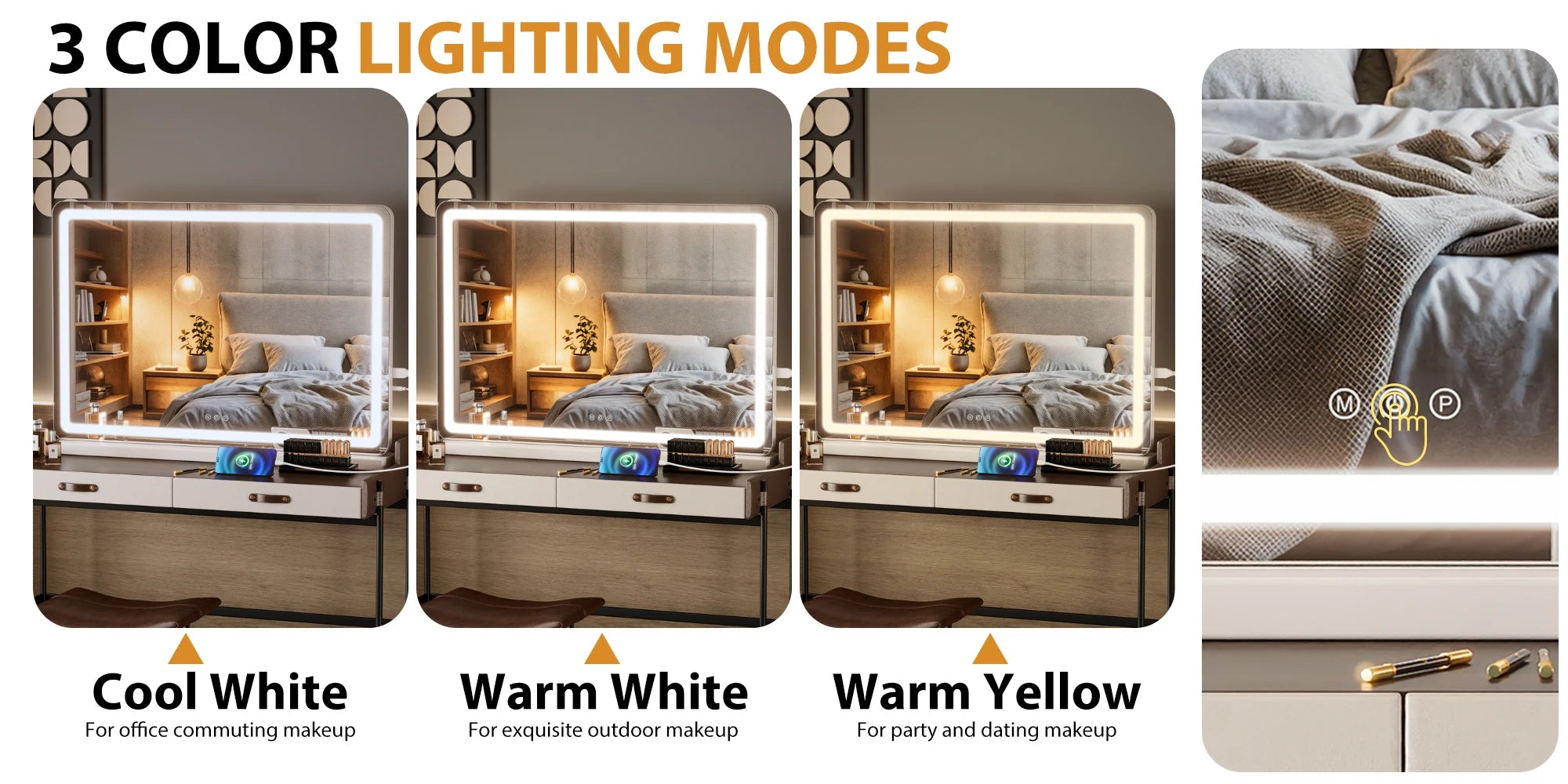 JHK LED Vanity Mirror with Lights Aluminum Frame Bathroom Mirror Dimmable 3 Color Modes Makeup Mirror Memory Function Bedroom