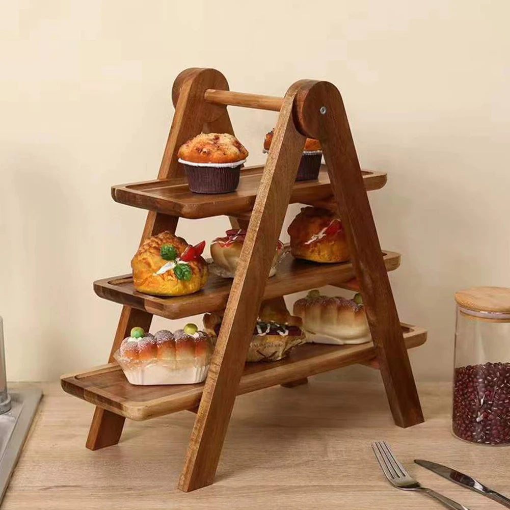 2Pcs Wooden Serving Platter 3 Tier Serving Tray Multi-Function Rectangular Serving Stand Cupcake Tiered Tray for Wedding Party