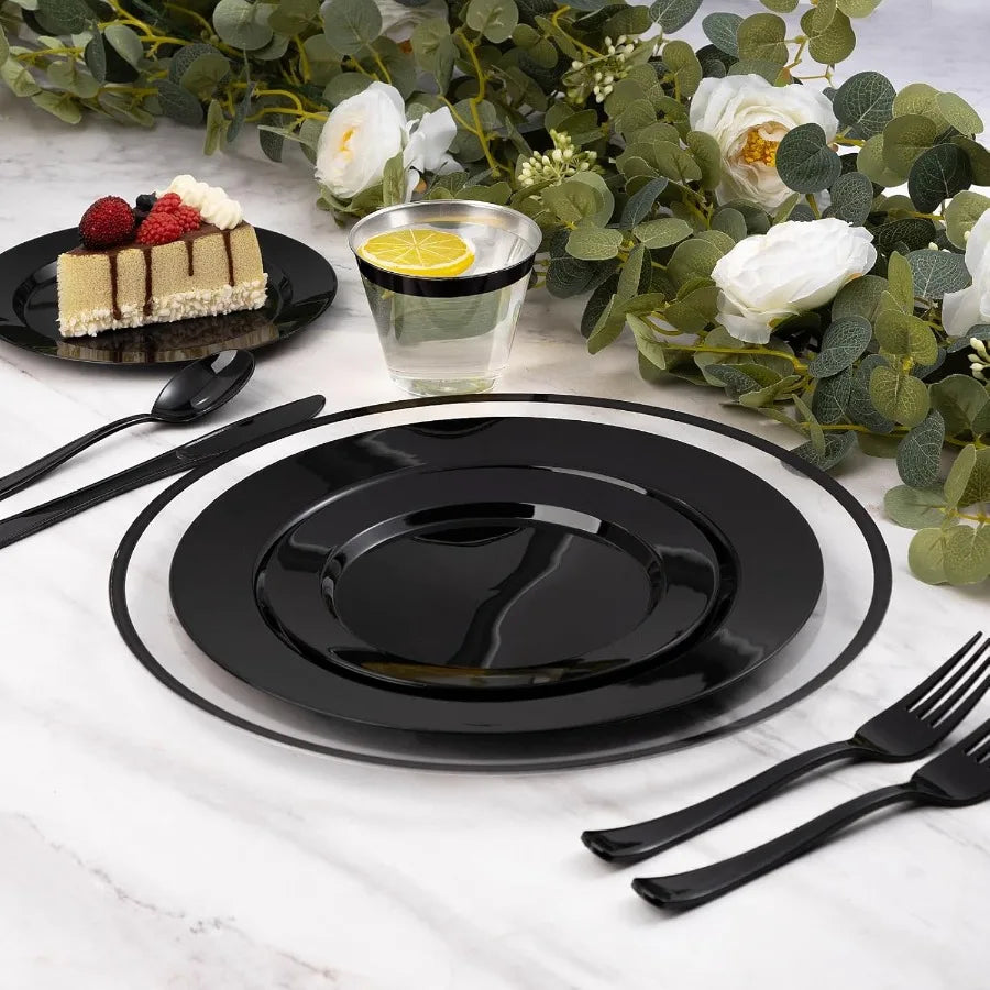 12 Inch Black Charger Plates 50 Pack Clear Charger Plates with Black Trim Disposable Plastic Dinnerware Wedding Party