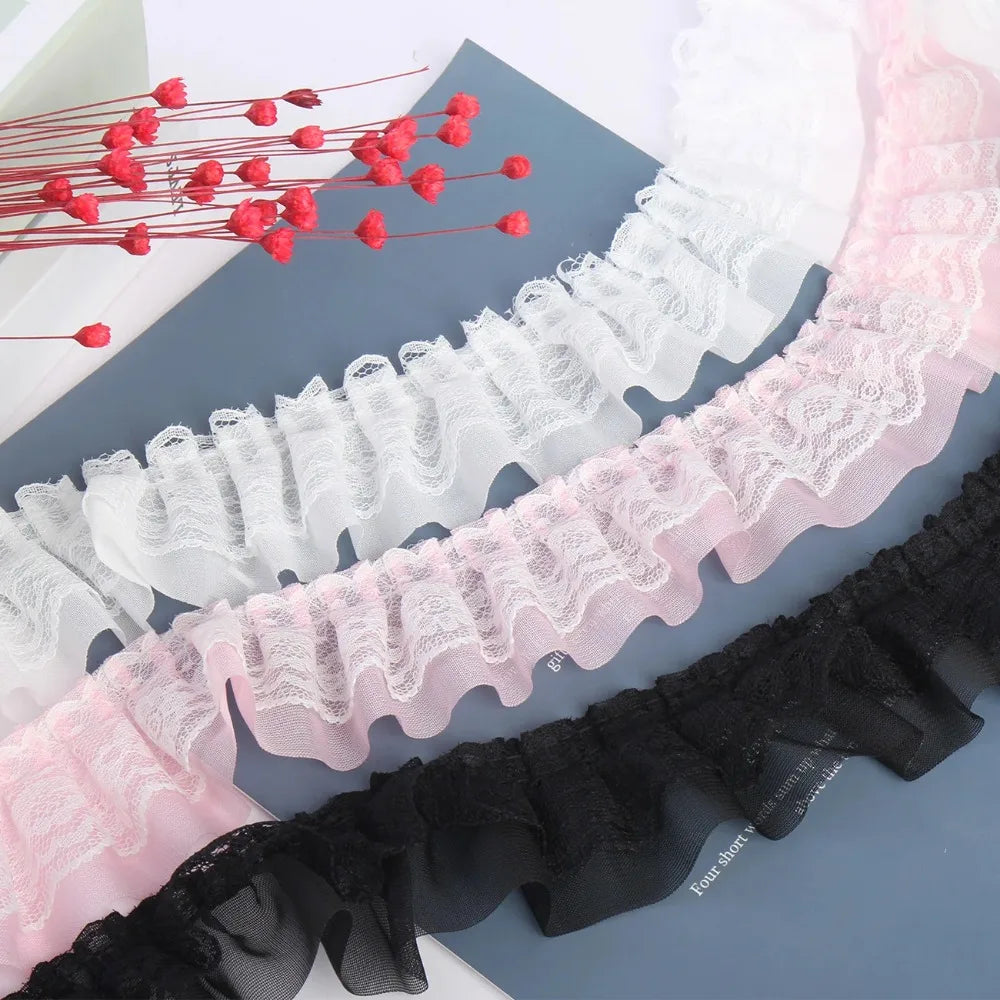2yards 5cm Double-Layer Pleated Chiffon Lace Trim Clothing Wedding Accessories Decor Ribbon DIY Handmade Sewing Lace Trimmings