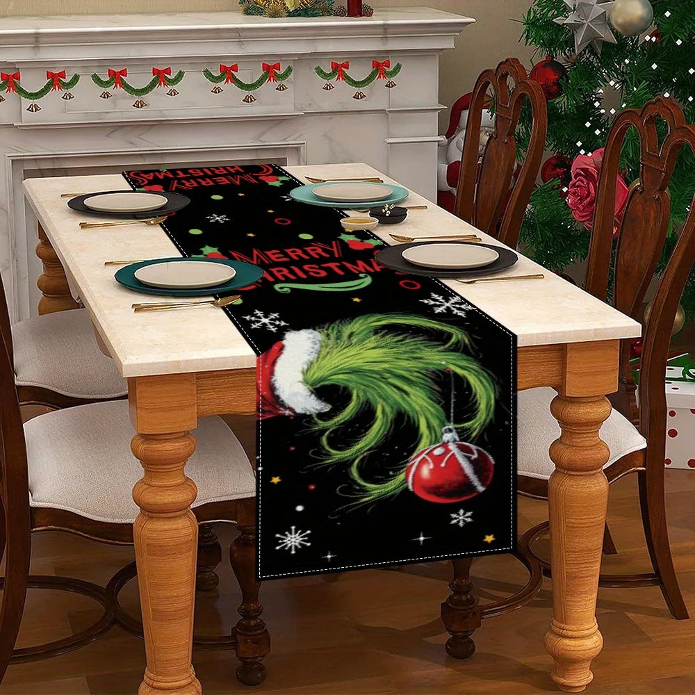 Christmas Table Runner with Grinch, Snowflake & Merry Christmas Pattern, Multiple Sizes, for Christmas Home Decoration and Gifts