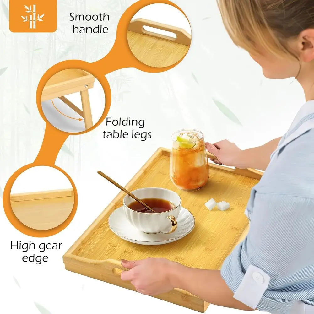2 Pack Bamboo Bed Tray Table, Folding Legs and Handles, Breakfast Tray, Laptop Desk for Bed or Sofa, Serving Tray for Eating, Wo