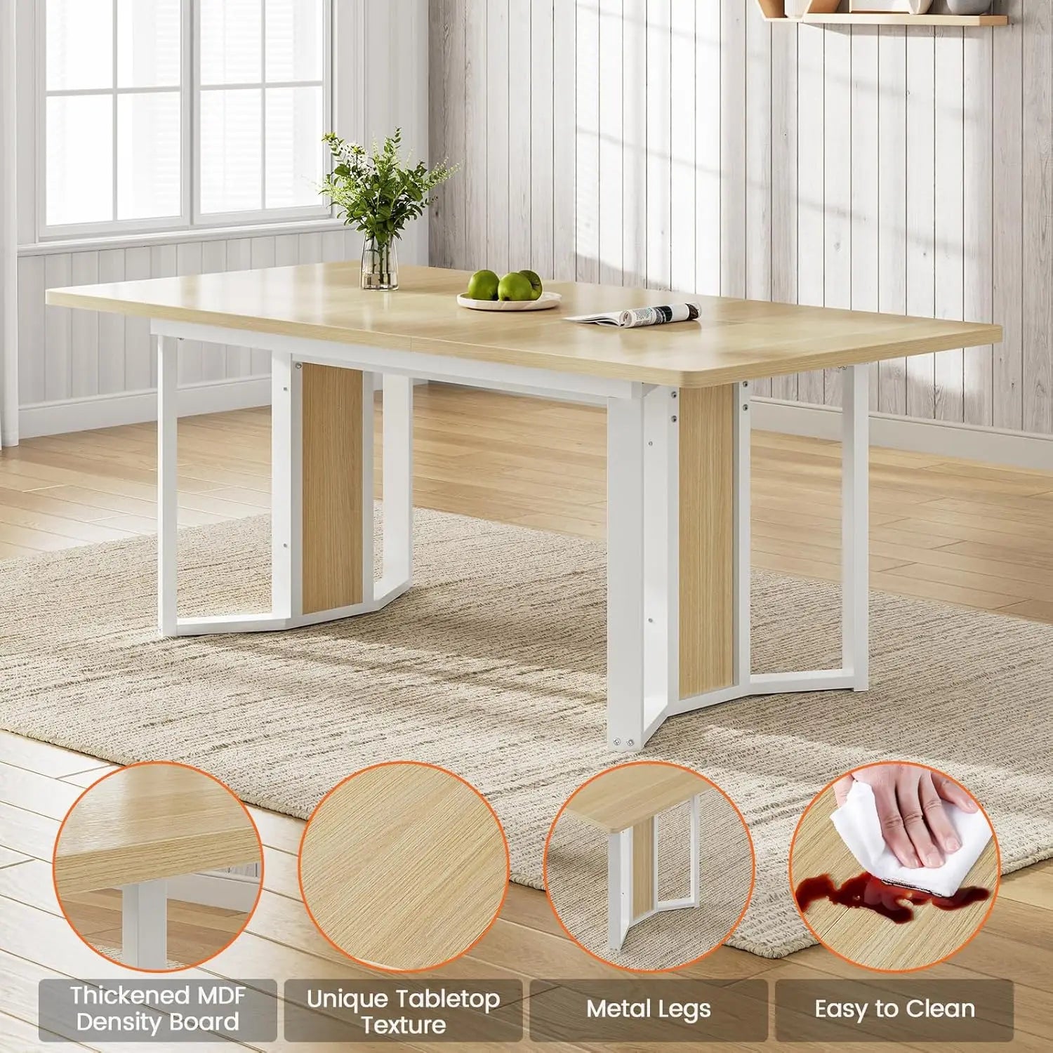 NEW 5-Piece Dining Table Set , 63" Extendable Kitchen Table , Dining Room Table with MDF Board & Metal Frame-Natural