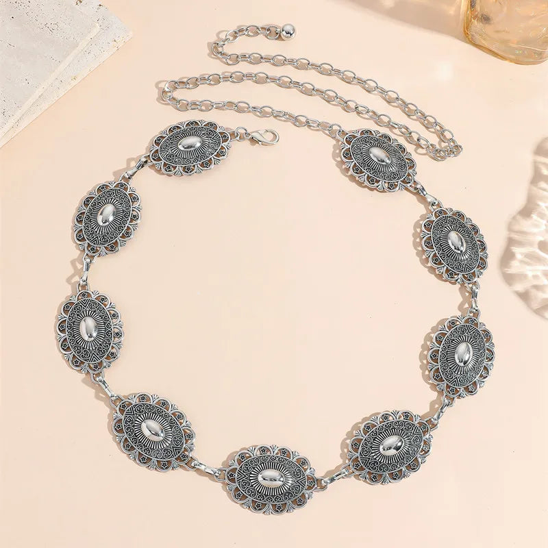 Retro Style Women'S Metal Waist Chain Accessories Decorative Circle Carved Chain Belt High Style Accessories