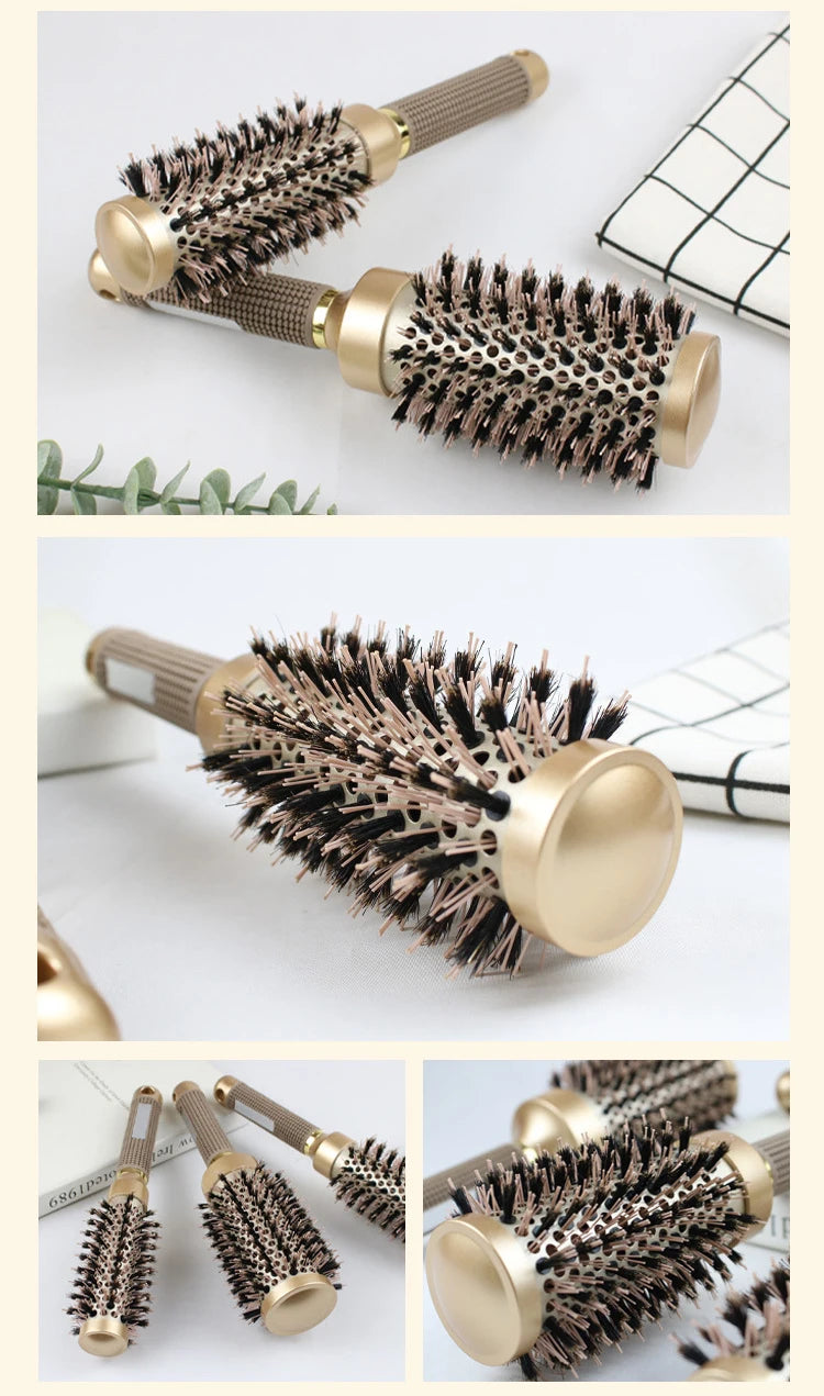 Gute Boar & Nylon Roller Brush - Gold Non-Slip Handle, Curl Defining Barrel - Salon Home Styling