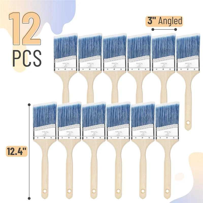 Paint Brushes, 3 Inch, 12 Pack, Angle Brushes, Treated Wood Handle, Paint Brushes For Walls, Wall Paint Brushes SALES