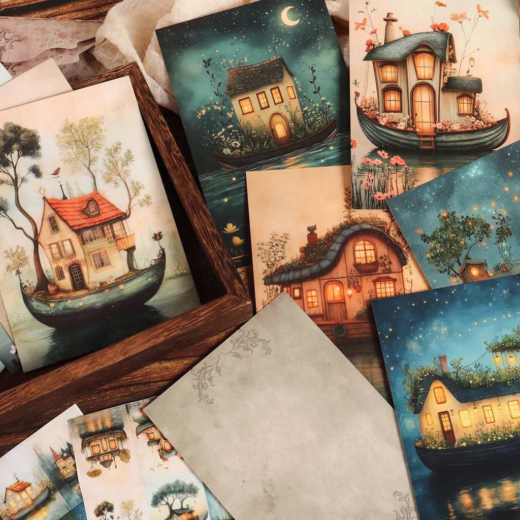 16cards, 4envelopes, 36stickers Moon Boat Double-sided Writable Cardboard Set, for Greetingcard, Scrapbooking Supplies,  Crafts