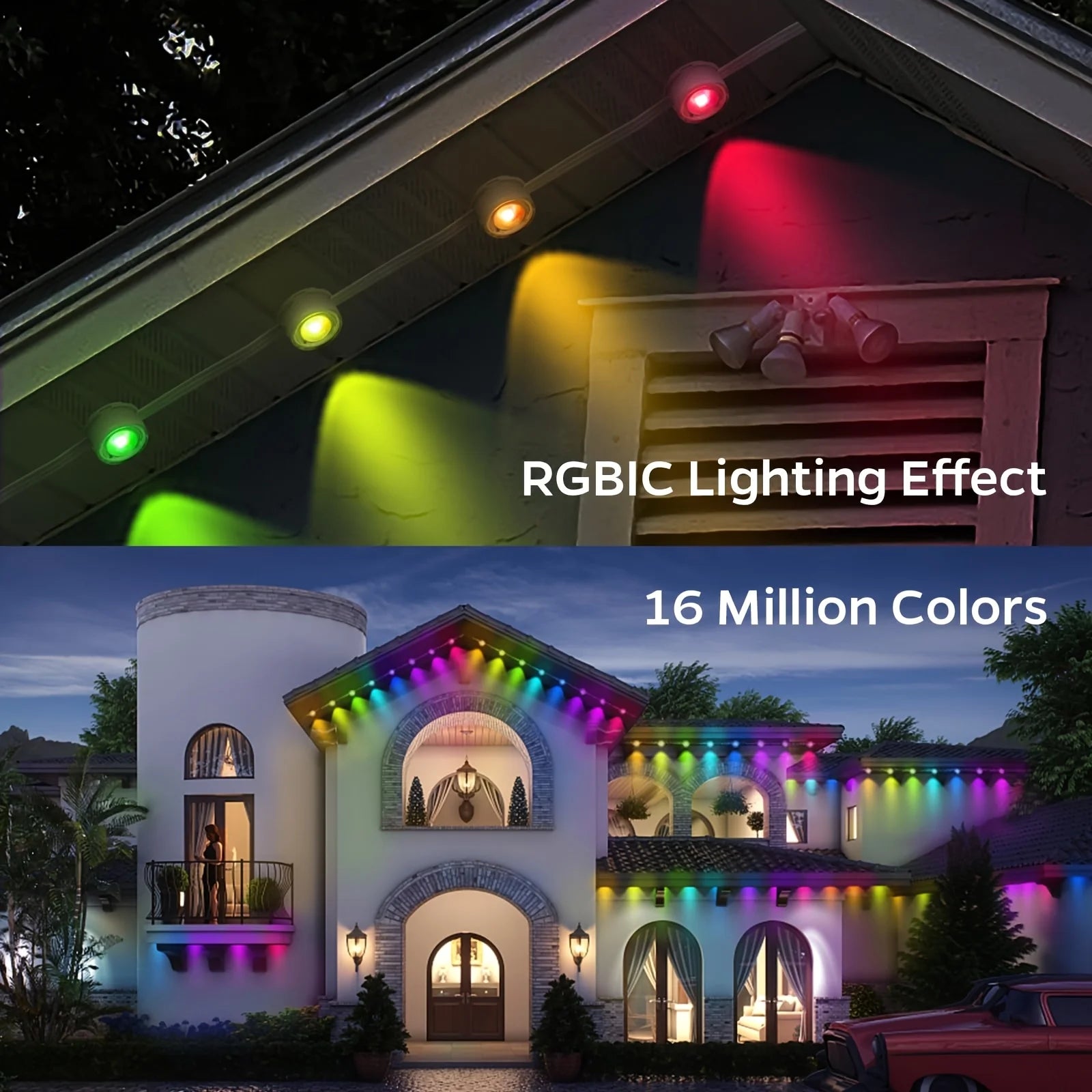 2pcs 100ft Roof Light - 72 RGB+IC LEDs, IP67 Waterproof, Smart Color Control, Christmas Outdoor Decor