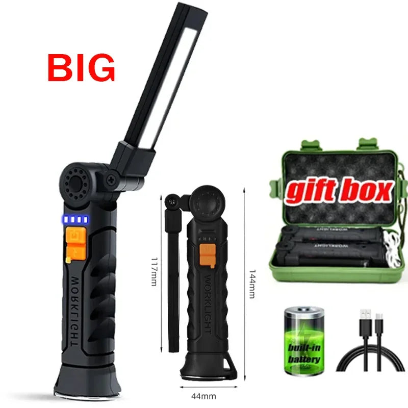COB LED Folding Flashlight Portable Magnetic Work Light Lantern USB Rechargeable Emergency Repair Camping Torch Lamp with Hook