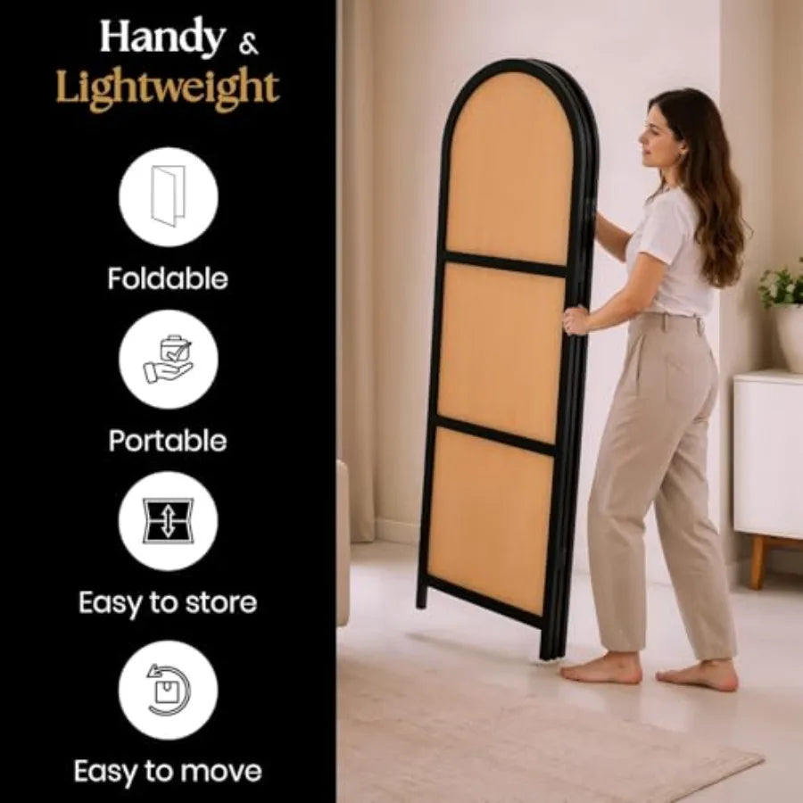 3-Panel Room Divider Folding Privacy Screen with Arched Dark Wood Frames and Light Woven Panels Portable Divider for Home Offic
