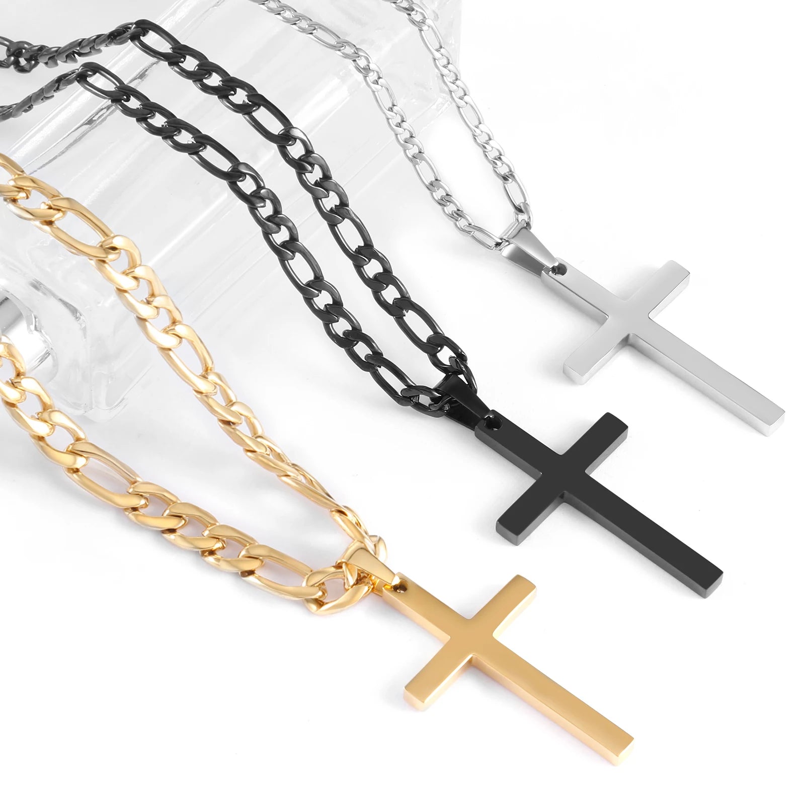 316L Stainless Steel Figaro Chain Necklace for Men Women Gold/ Silver Color Cross Pendant Waterproof Necklaces Fashion Jewelry