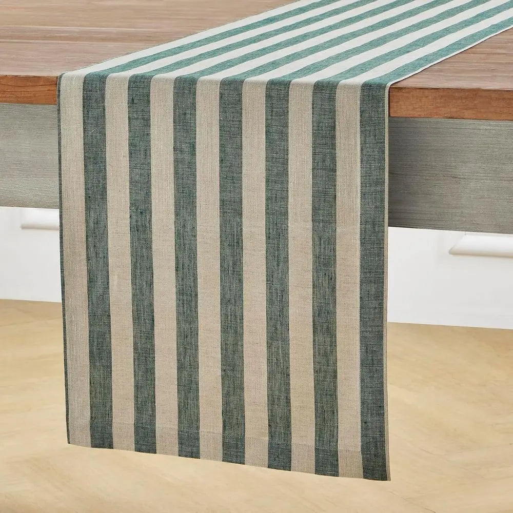 Pure Linen Table Runner, 14x156 Inches, Hunter Green and Natural Stripe, Perfect for Dining, Fall, Autumn, Thanksgiving, Christm