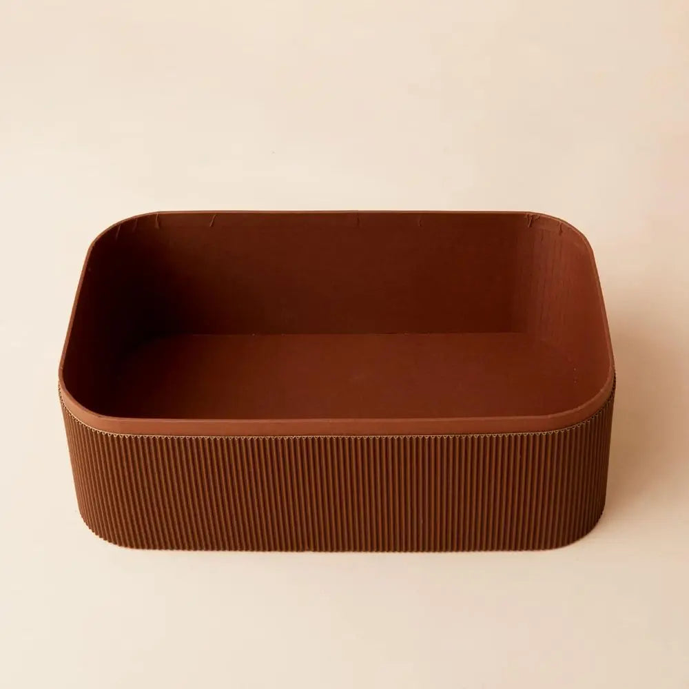 Sturdy Leather-Like Lidded Cardboard Storage Baskets, Stackable Decorative Trays, Chocolate Brown, 3-Piece Set