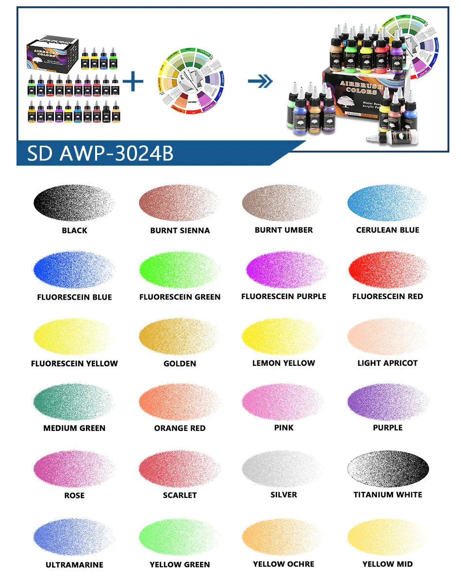 SAGUD Airbrush Paint Set 12/24 Colors 30ML Opaque & Water Based Fluorescent Acrylic Paint for Shoes Nails Art DIY Model Painting