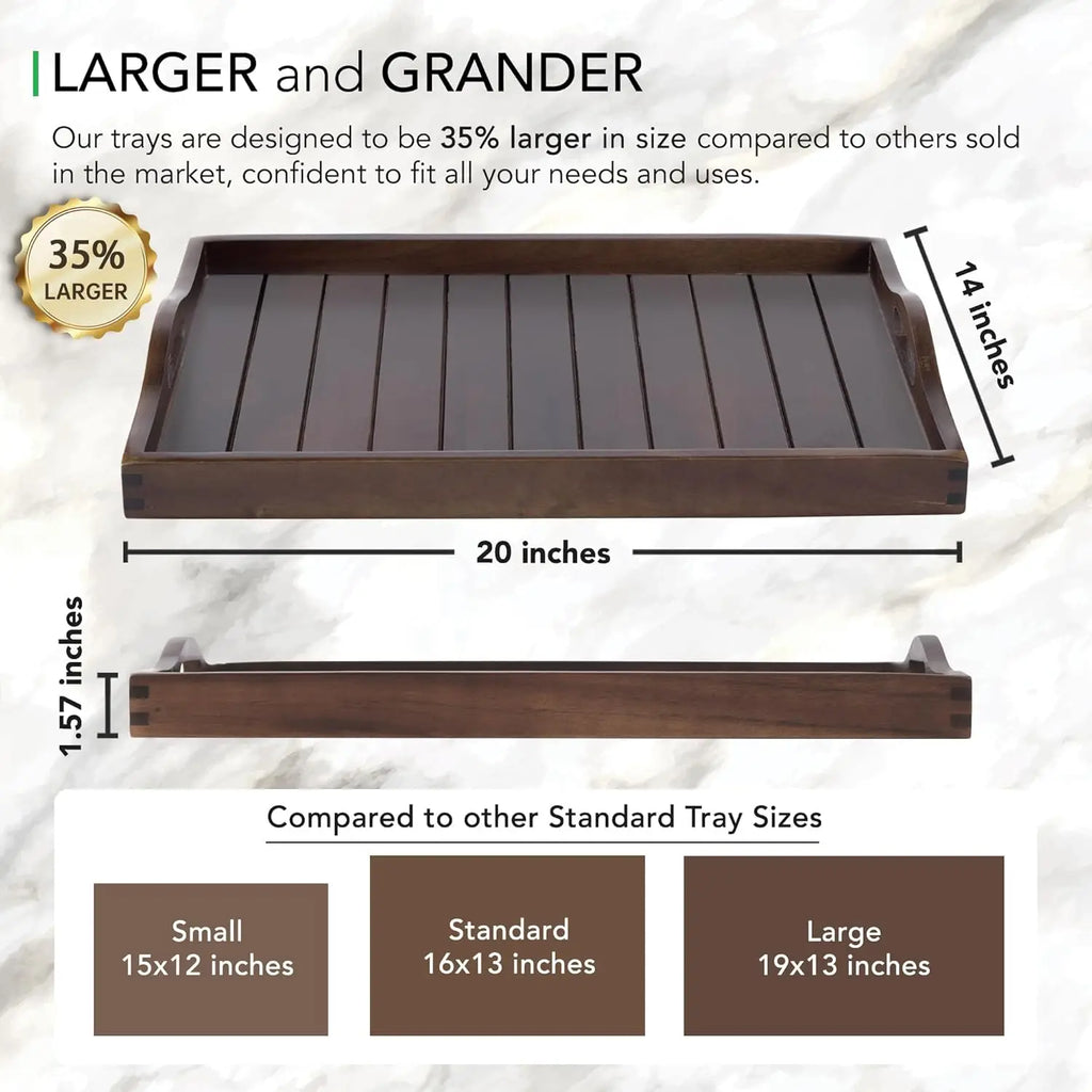 Extra Large Acacia Wood Serving Tray with Handles 20x14 Inch for Living Room Kitchen Coffee Table Ottoman Decor