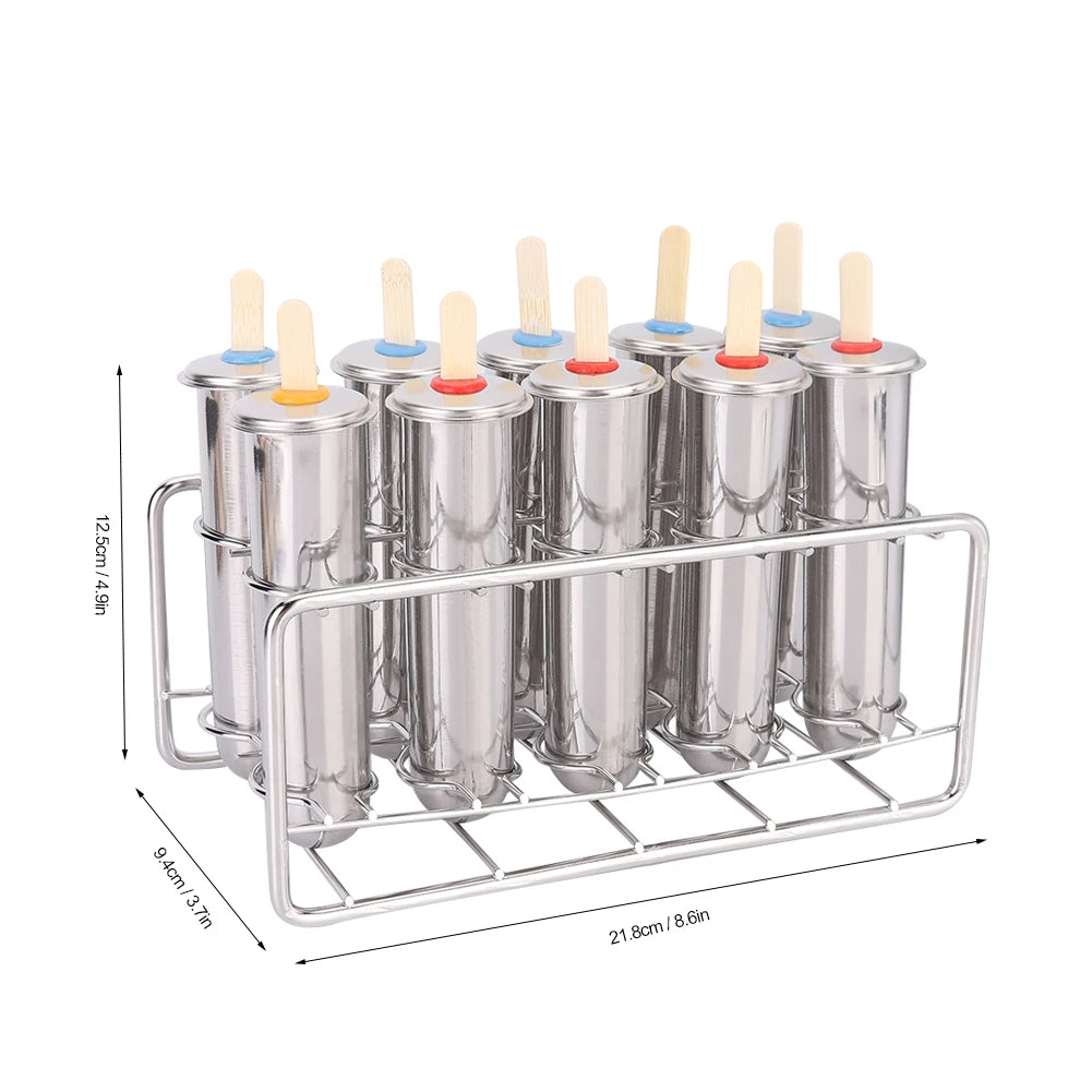 10pcs Ice Cream Molds with Sticks 304 Stainless Steel Household Ice Lolly Popsicle Molds Kit for Home Ice Cream Making Tool