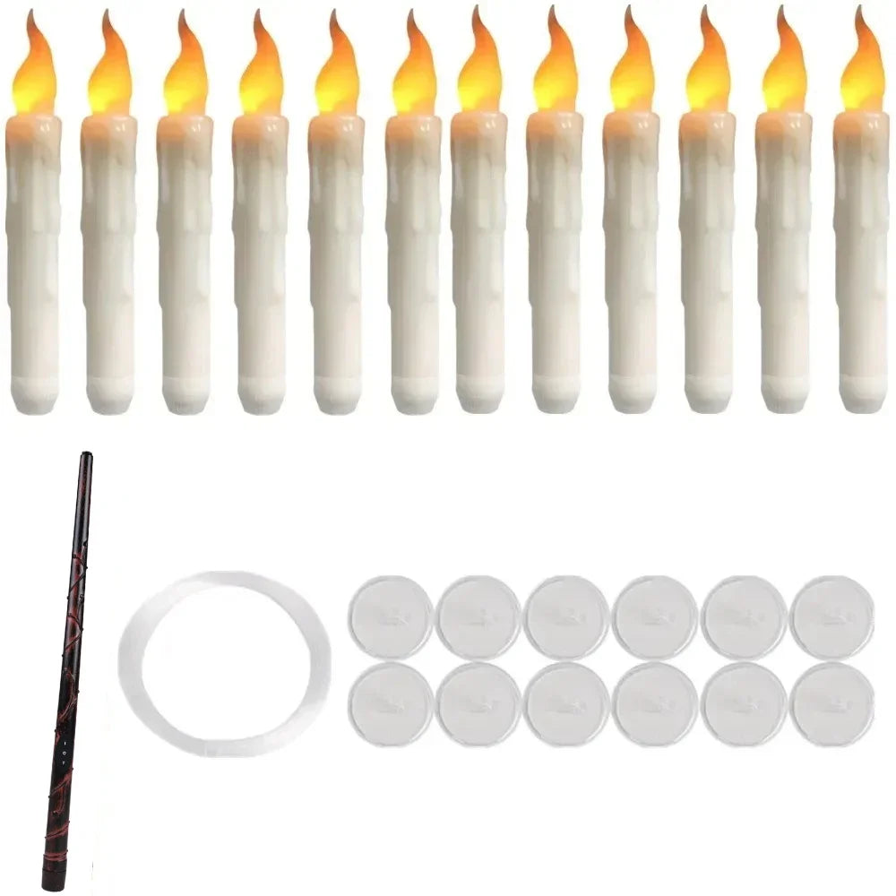 Flameless Taper Floating Candles with Magic Wand Remote Timer Flickering LED Hanging Christmas Halloween Decorations(12 Pack)