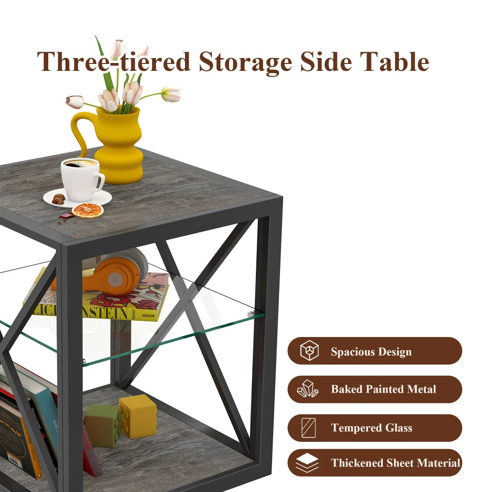 Modern coffee table for Bedroom & Living Room, Tempered Glass&Rustic Wood Grain MDF, Industrial Style coffee table