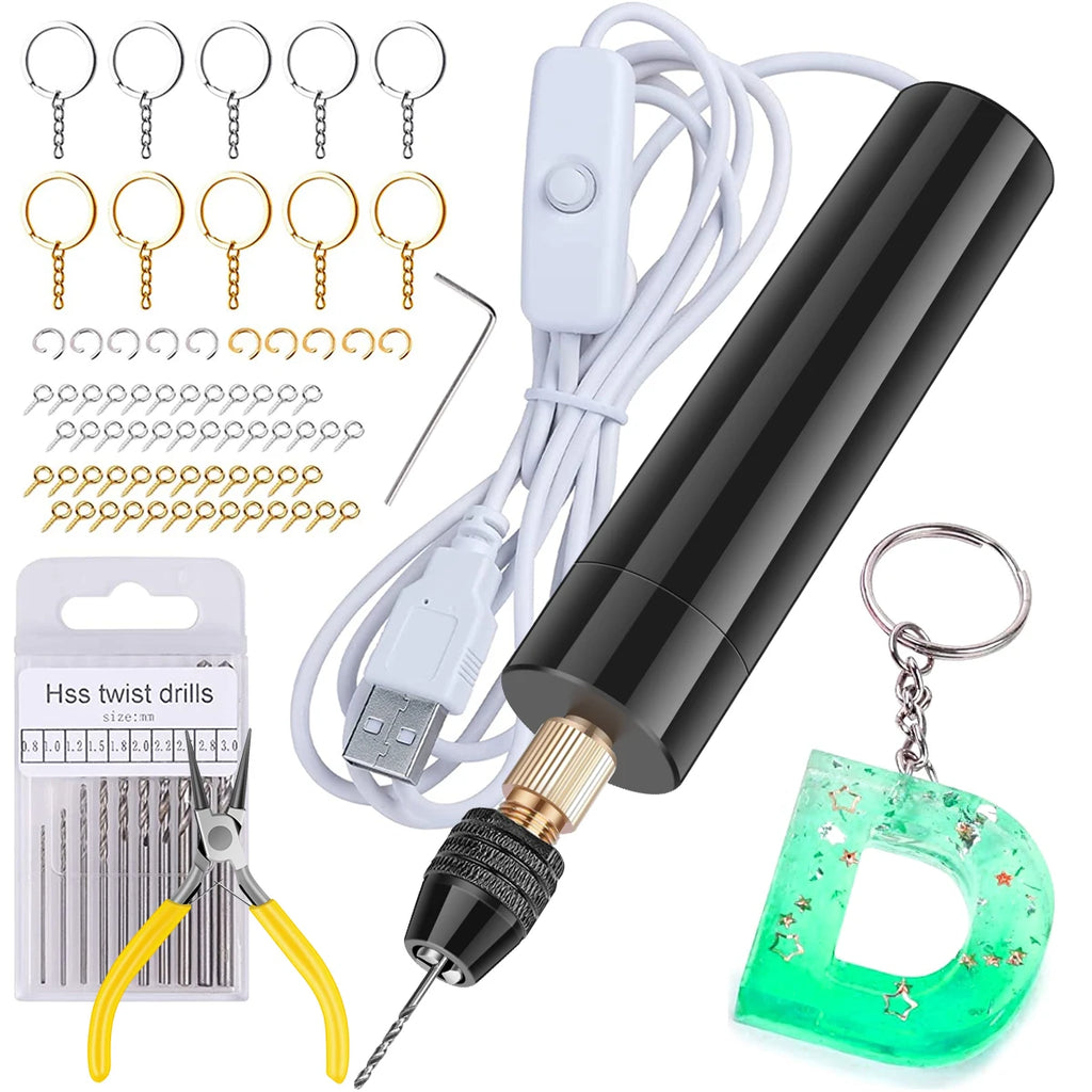 Electric Resin Drill USB Powered Mini Hand Drill Portable Keychain Making Kit with Keychain Screw Eye Pins Drill Bits Wrench