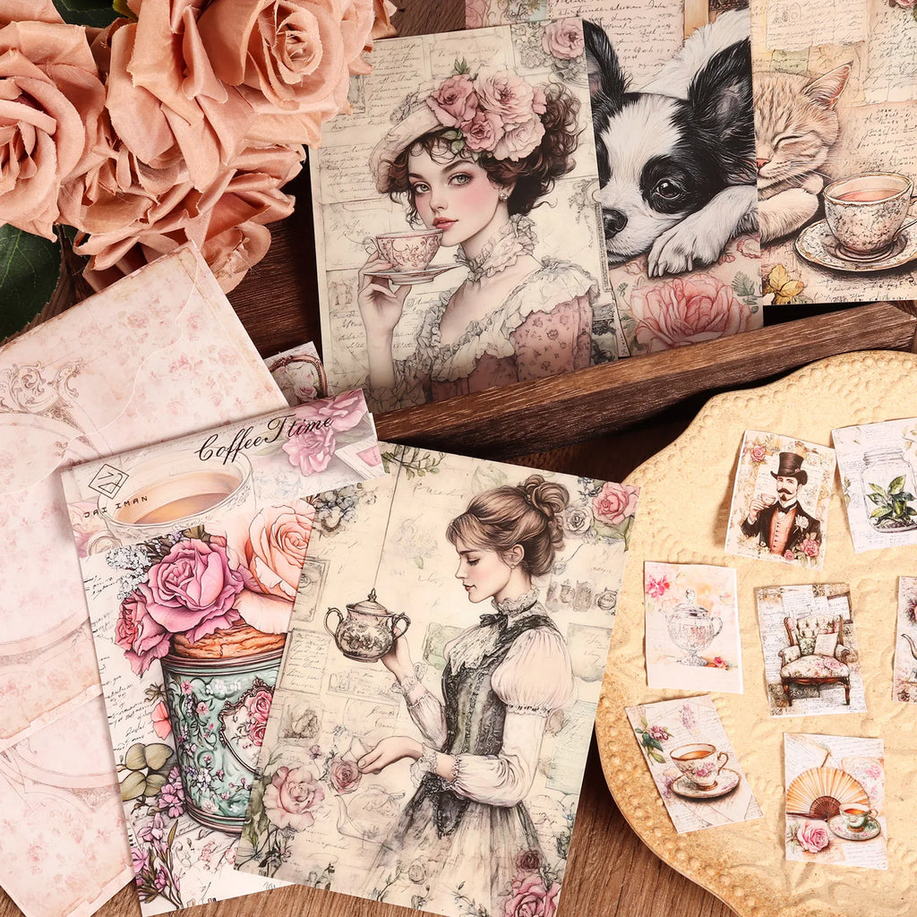 12cards, 4envelopes, 32stickers Victorian Floral Tea Double-sided Writable Thick Cardboard Set, for Scrapbooking, DIY Crafts