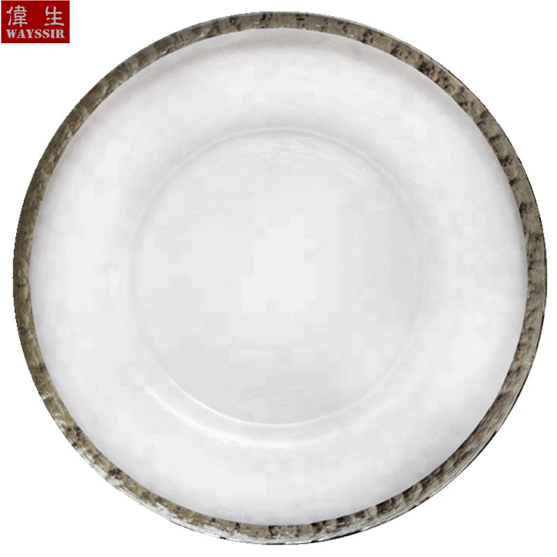 Transparent Glass Charger Plate, Decorative Wedding Dinner Plate, Round Tableware, Show Tray Display, Paint Gold Line Design