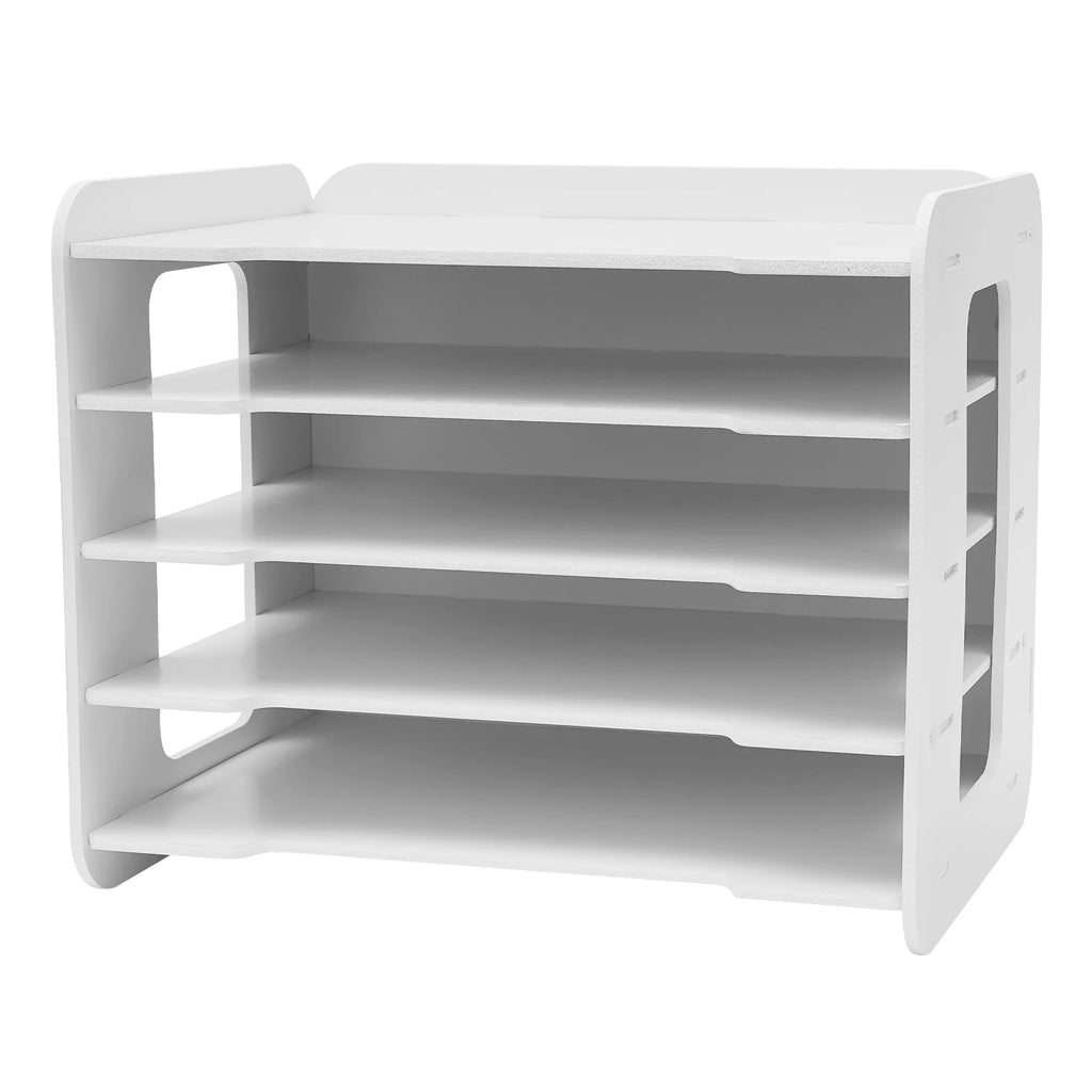5 Tier PVC Wood-Plastic Desktop Organizer Letter Tray File Rack Stationery Holder Office Desk Storage Shelf with Round Corner