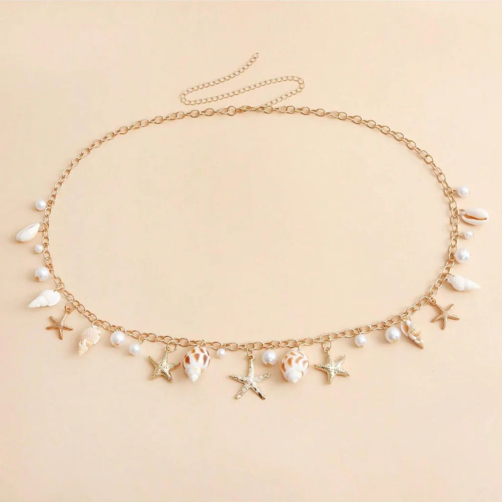 Bohemian Summer Beach Shell Waist Chain, Imitation Pearl Starfish Conch Jewelry,Seaside Waist Accessory for Women