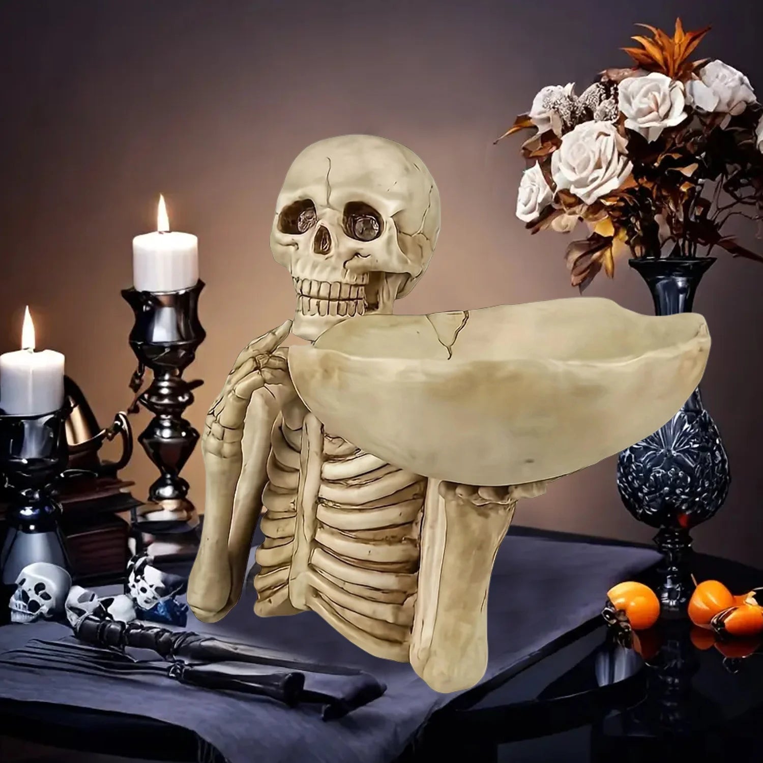 Halloween Candy Bowl resin skeleton tray decoration with bowl. Unique skeleton design suitable for indoor and outdoor decoration