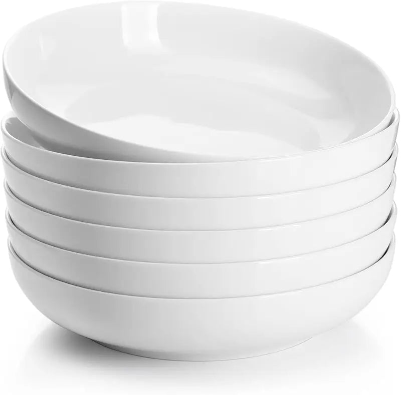 Set of 6 Porcelain Pasta Bowls 22oz - White 7.6-Inch Salad & Serving Plates, Microwave & Dishwasher Safe Dinnerware