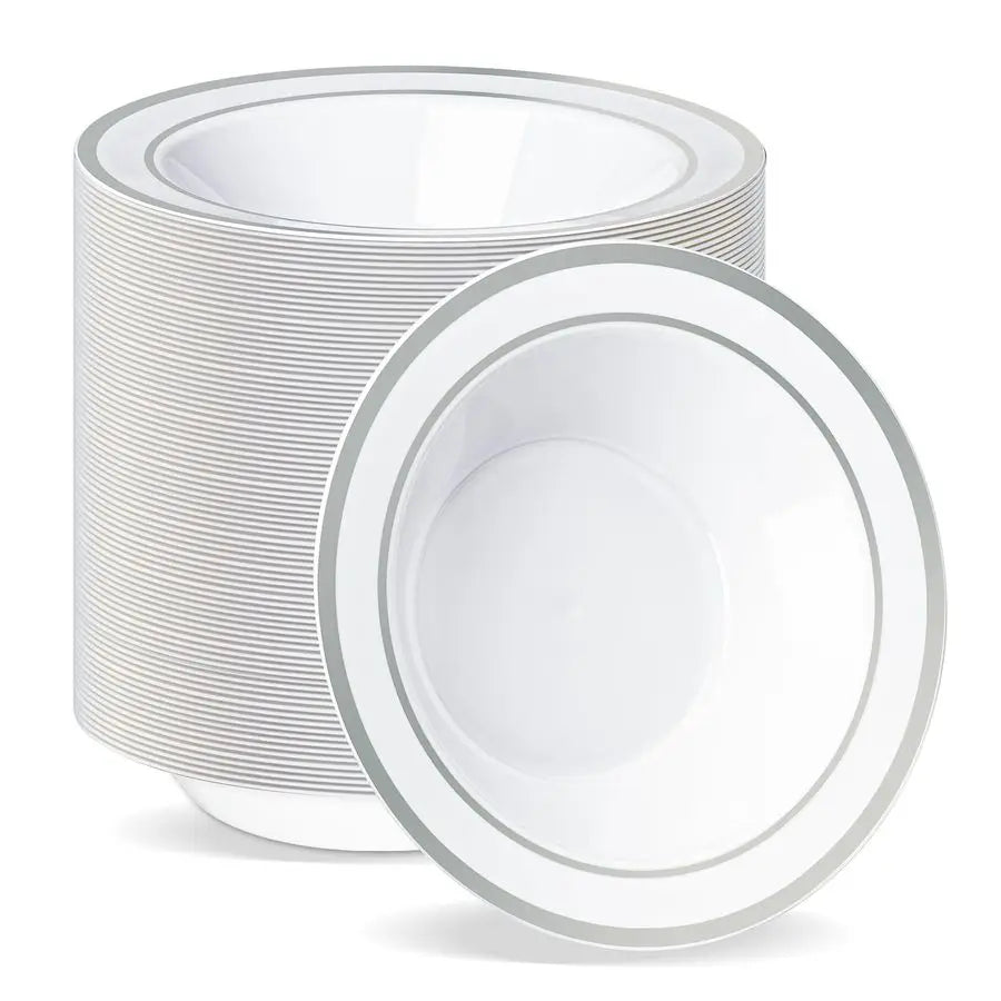 100 Pack 12 oz Plastic Disposable Soup Bowls, White Dessert Bowls with Silver Rim, Heavyduty Salad Bowl for Party, Wedding, Chri