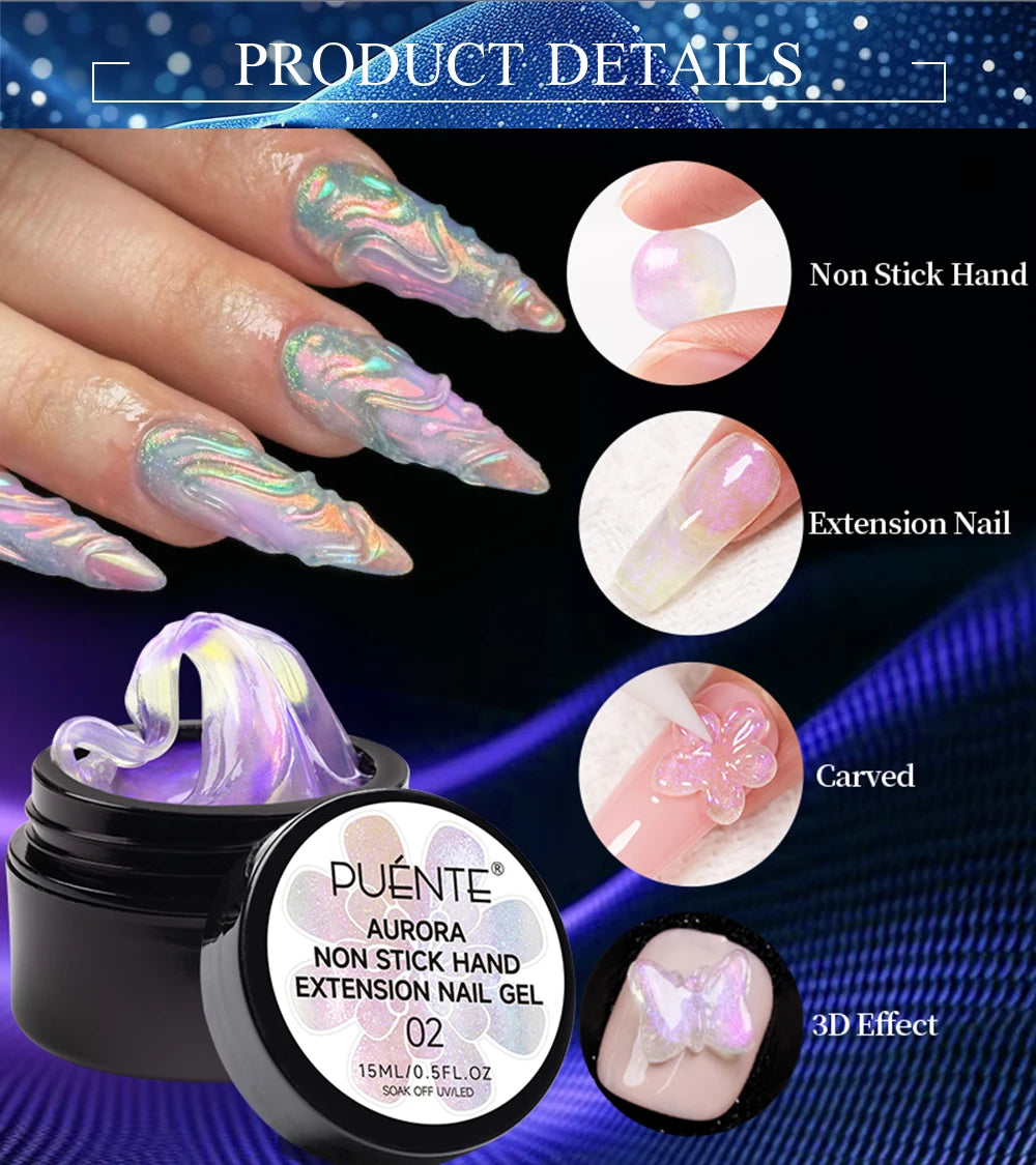 PUENTE 7Pcs/set Aurora Glitter Non-Stick Hand Extension Nail Gel Kit 3D Sculpture Carving Soak-Off UV Nail Art Hard Gel Varnish
