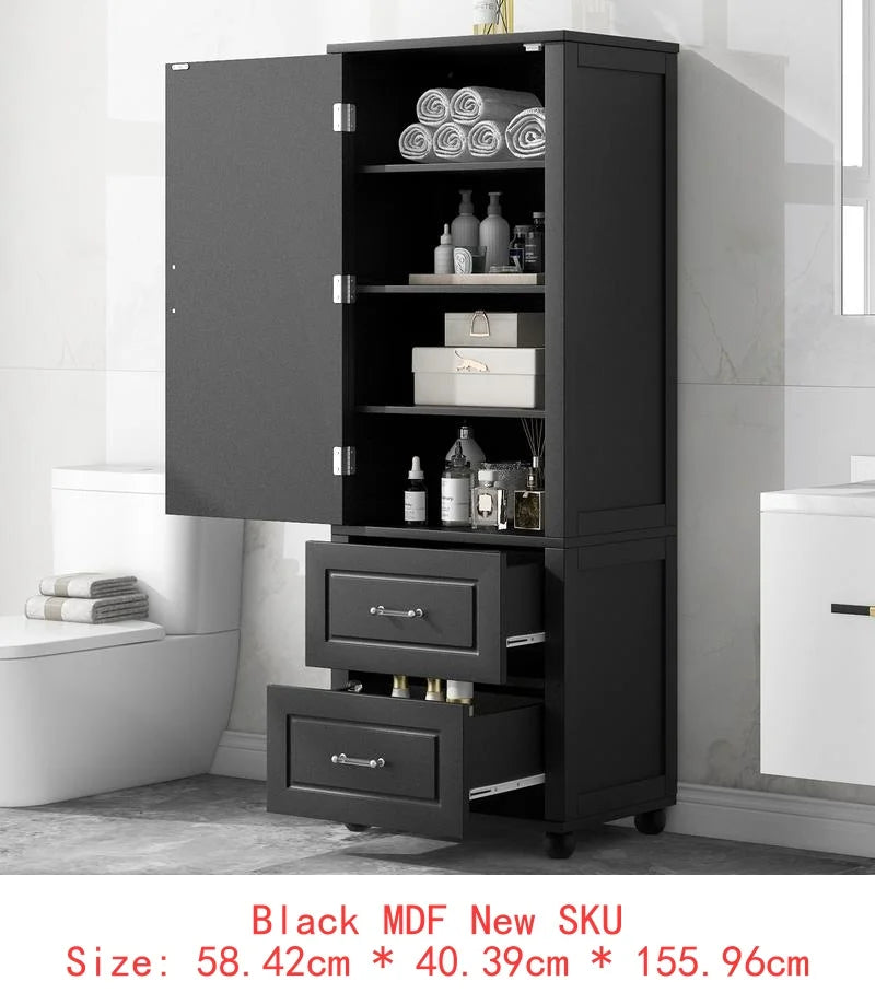 Freestanding Tall Bathroom Storage Cabinet with 2 Drawers and Adjustable Shelf, MDF Board with Painted Finish, Black