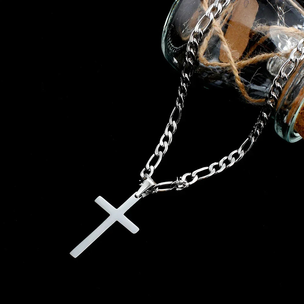 316L Stainless Steel Figaro Chain Necklace for Men Women Gold/ Silver Color Cross Pendant Waterproof Necklaces Fashion Jewelry