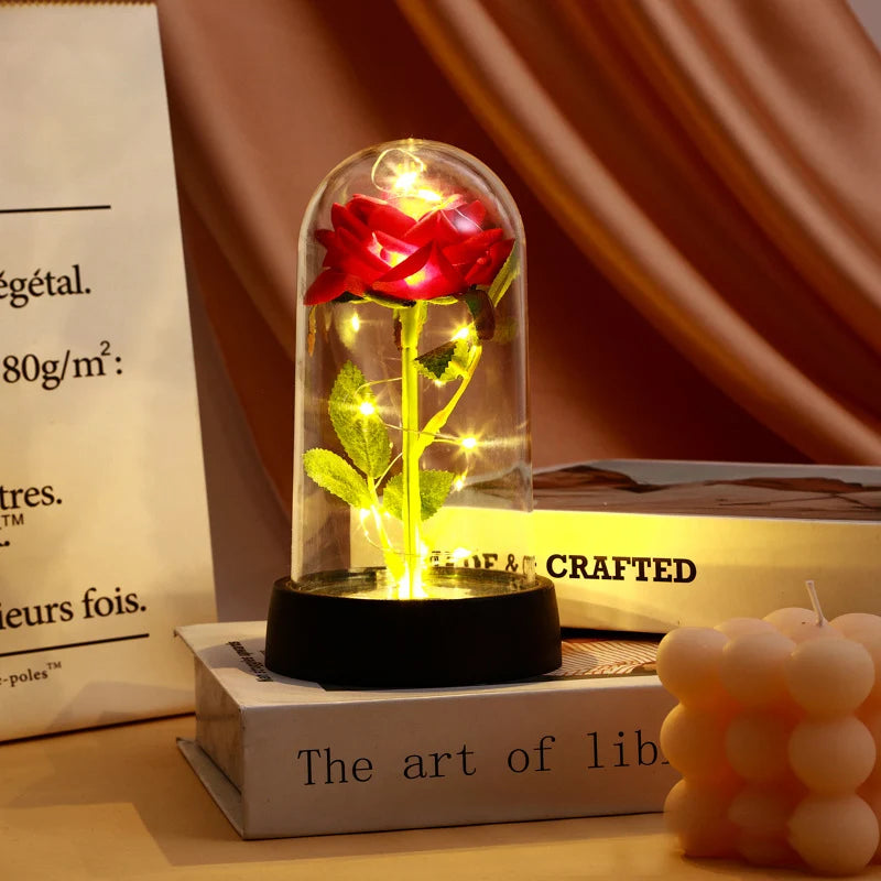 Artificial Rose Flowers LED Light Foil Flower In Glass Cover Eternal Rose Wedding Home Decor Birthday Mother's Day Gift