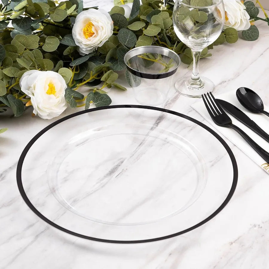 12 Inch Black Charger Plates 50 Pack Clear Charger Plates with Black Trim Disposable Plastic Dinnerware Wedding Party