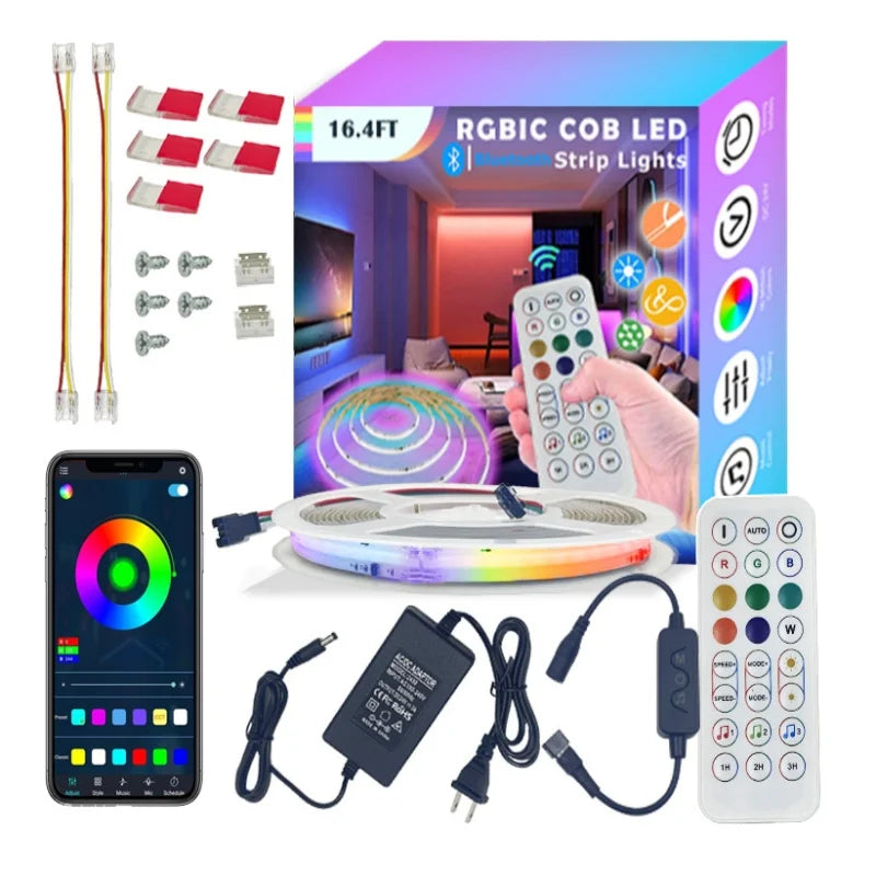 ETL Listed 16.4ft/5m 24V RGBIC COB LED Strip Lights with App Control Color Changing for Home Party Decor(Power Supply Included)