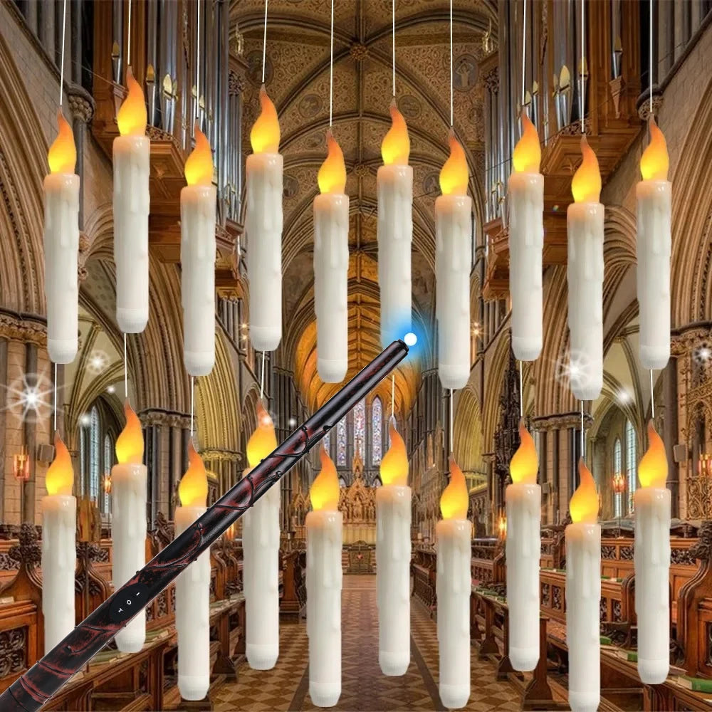 Flameless Taper Floating Candles with Magic Wand Remote Timer Flickering LED Hanging Christmas Halloween Decorations(12 Pack)