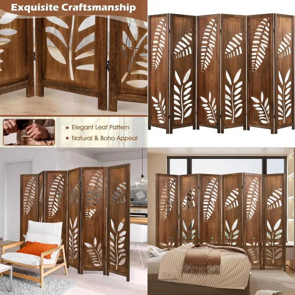 6 Panel Carved Leaf Wooden Folding Screen, 67 Tall, Freestanding Room Divider, Brown, for Privacy and Decor