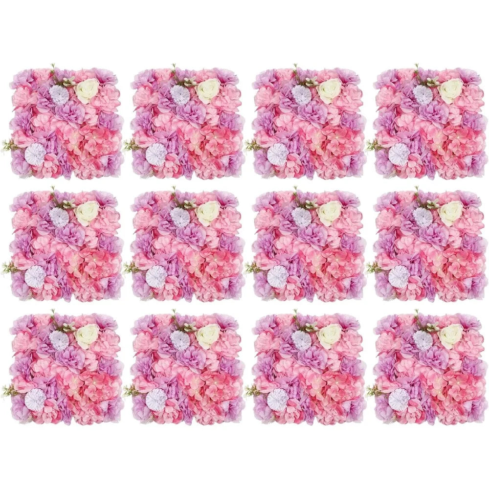 12PCS Flower Wall Panel 3D Artificial Flower Backdrop Wall Silk Hydrangea Rose Floral Panel for Wedding Terrace Garden Backyard