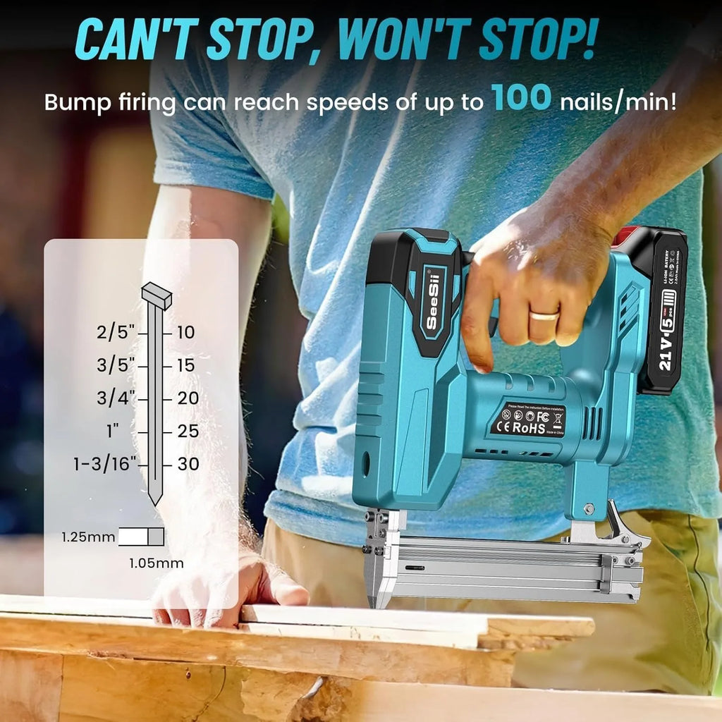SEESII 18 Gauge Cordless Brad Nail Gun 1000 Brad Nails Cordless Stapler Framing Nailer Furniture Power Tool With 2pcs Battery