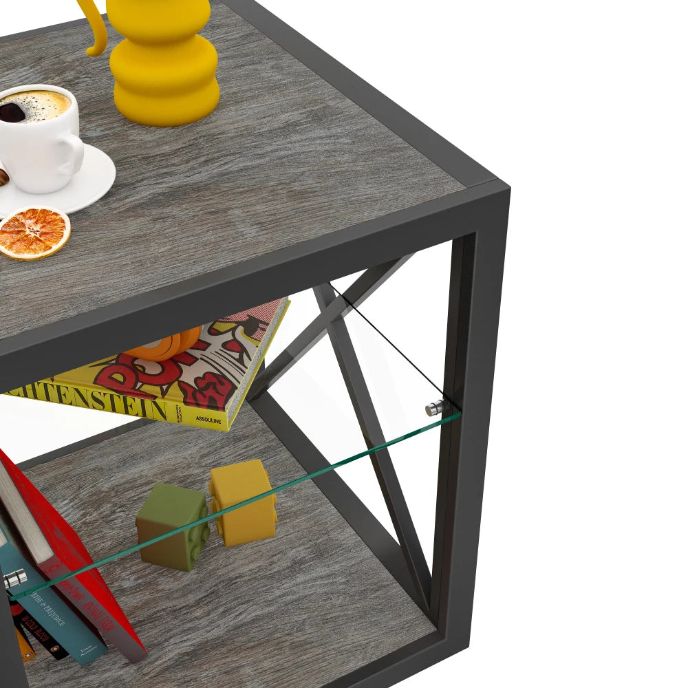 Modern coffee table for Bedroom & Living Room, Tempered Glass&Rustic Wood Grain MDF, Industrial Style coffee table