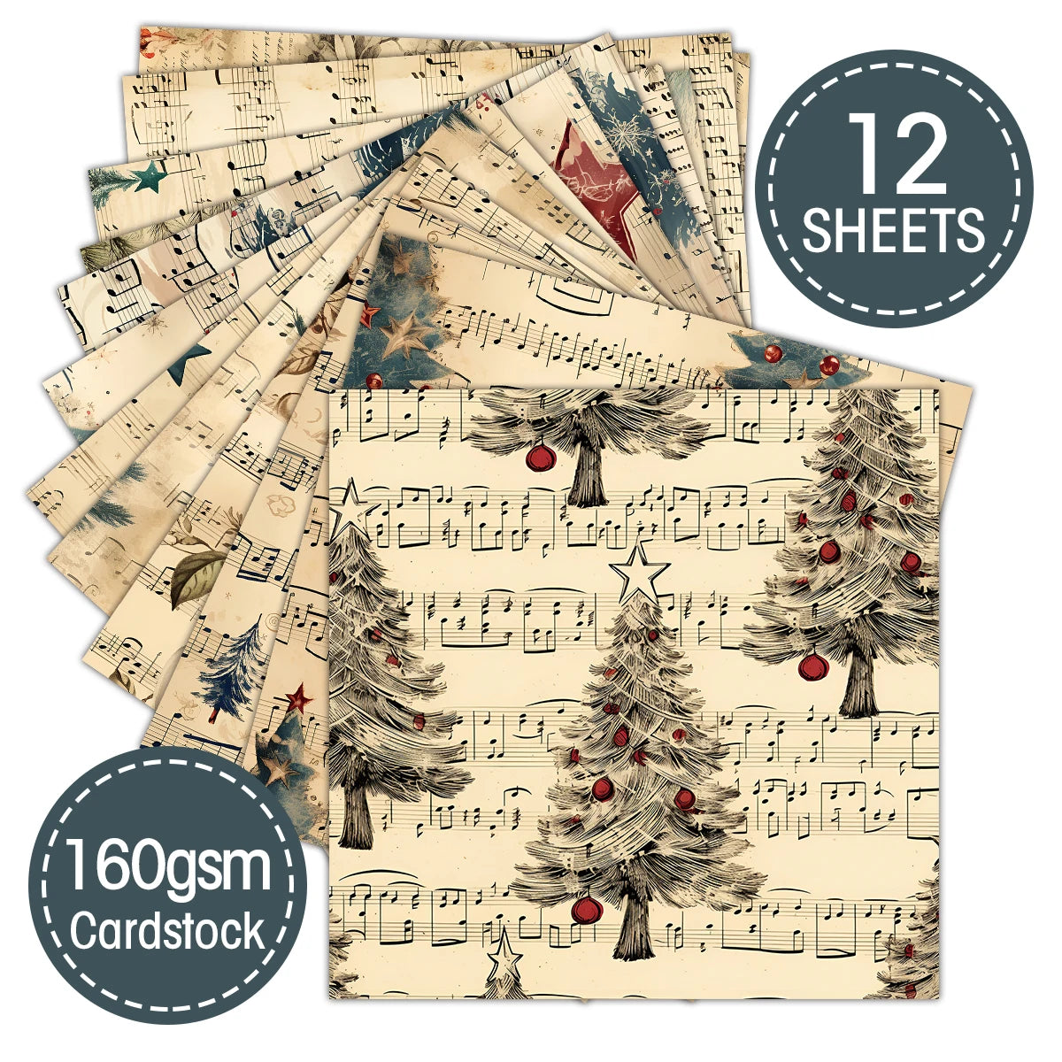 12pc Vintage Christmas Old Music Sheet Scrapbook Paper Set,Retro Christmas Collection Kit Paper for Junk Journal DIY Card Making