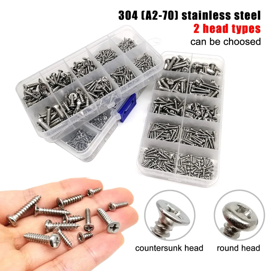 1 Kit Mix Sizes M1.2 M1.4 M1.7 M2 M3 M4 Phillips Flat Countersunk Round Pan Head Wood Self Tapping Screw Set 304 Stainless Steel