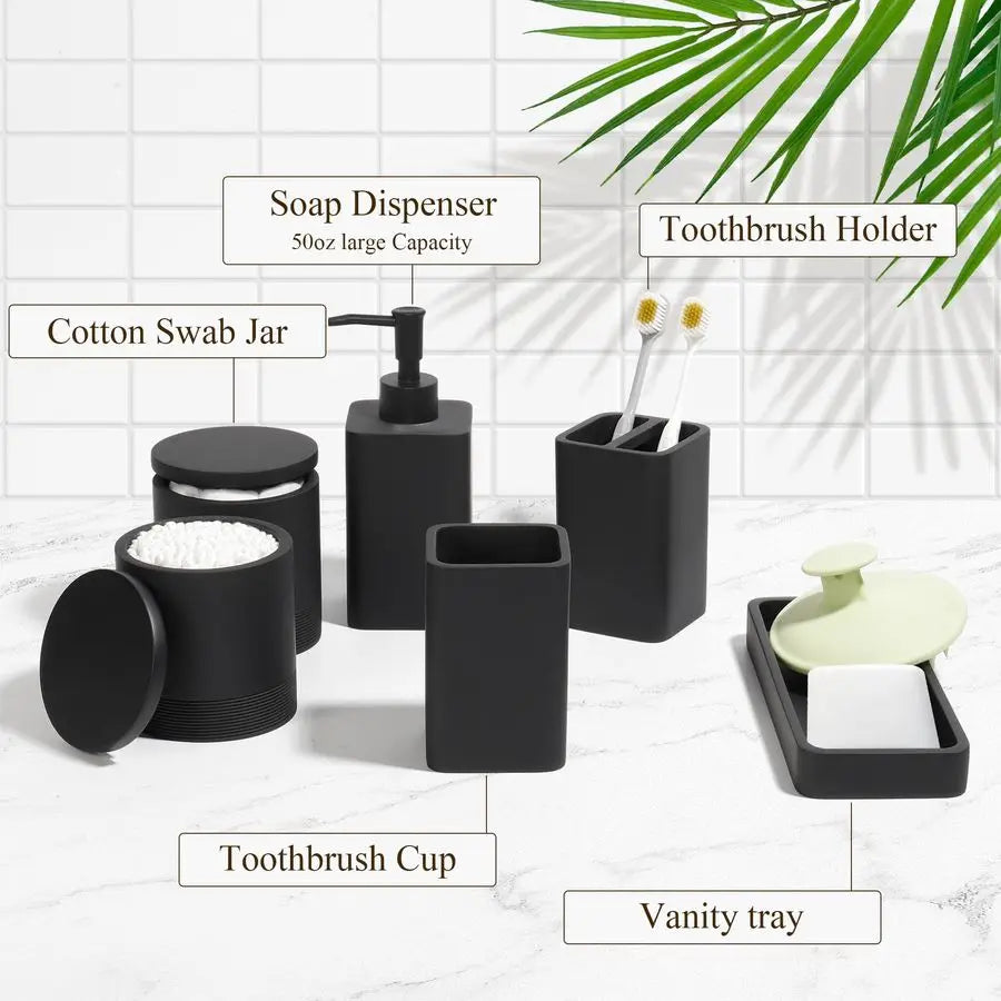 Accessories Set, 6 Piece Bathroom Set with Toothbrush Holders, Soap Dispenser, Vanity Tray, Tumbler, Cotton Swab Jars, Bathroom