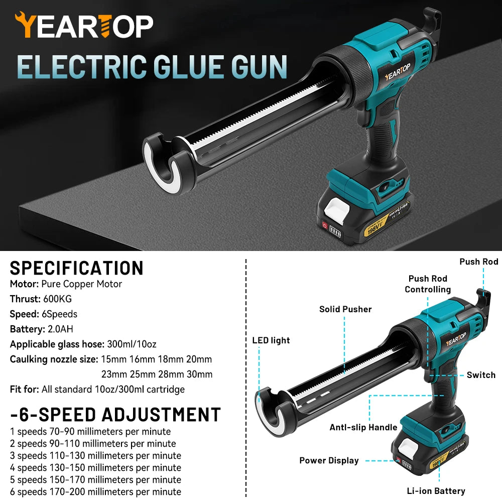6 Speeds Cordless Electric Glue Gun Silicone Glass Glue Caulking Squeezer Gun Electric Sewing Glue Tool for Makita 18V Battery