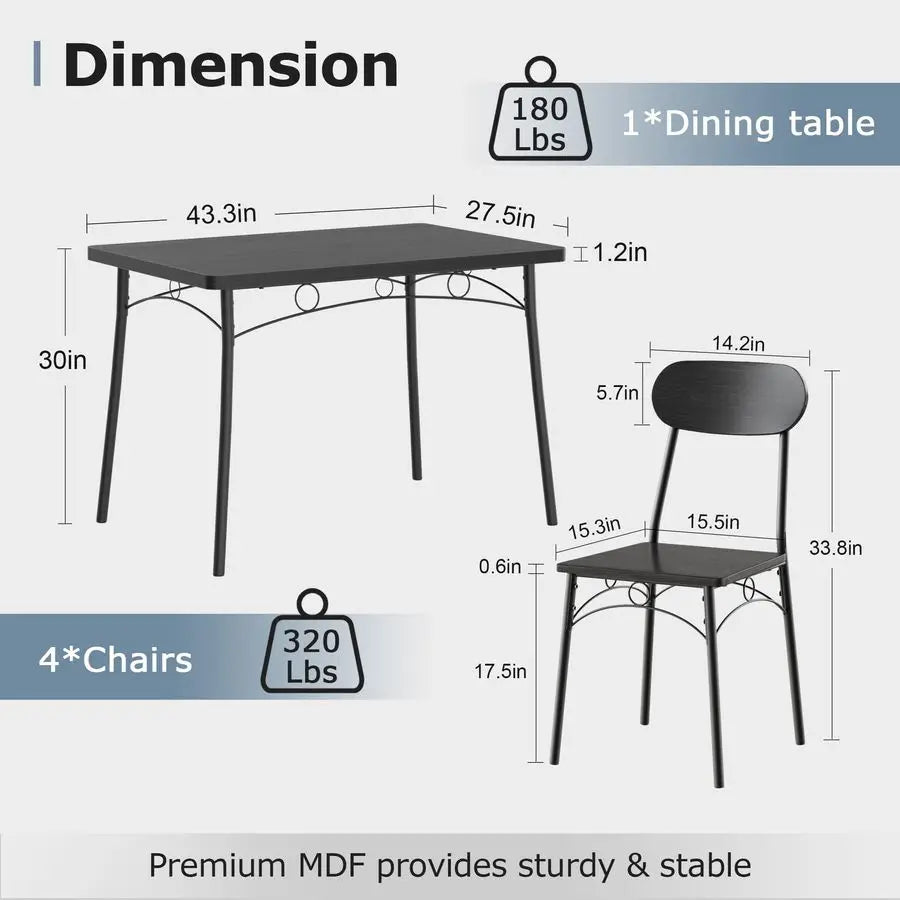 Dining Table Set for 4, 5Piece Kitchen Table with 4 Chairs, MDF Board Tabletop with Metal Frame for Small Space, Compact Dinett