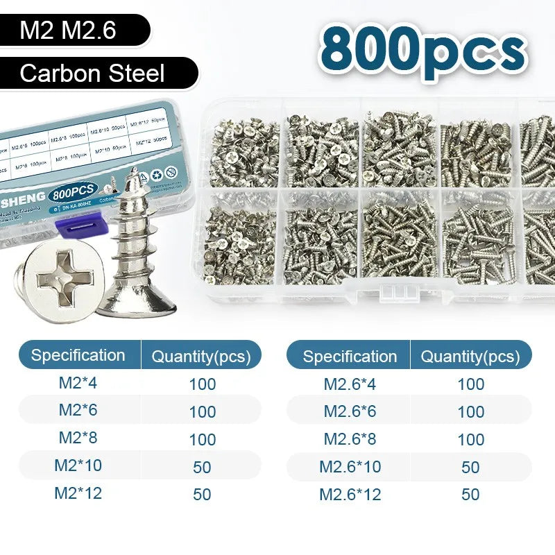 190/450/800/1300pcs Cross Flat Head Self-tapping Screws Set Assortment Kit Nickel Plated M1-M4 Phillips Head Wood Screw