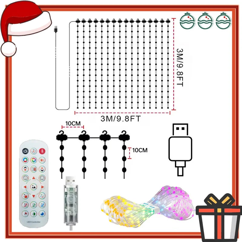 256-400LEDs Smart Curtain Lights Waterproof LED Fairy Lights DIY Color Changing APP Control for Christmas Party Home Decoration