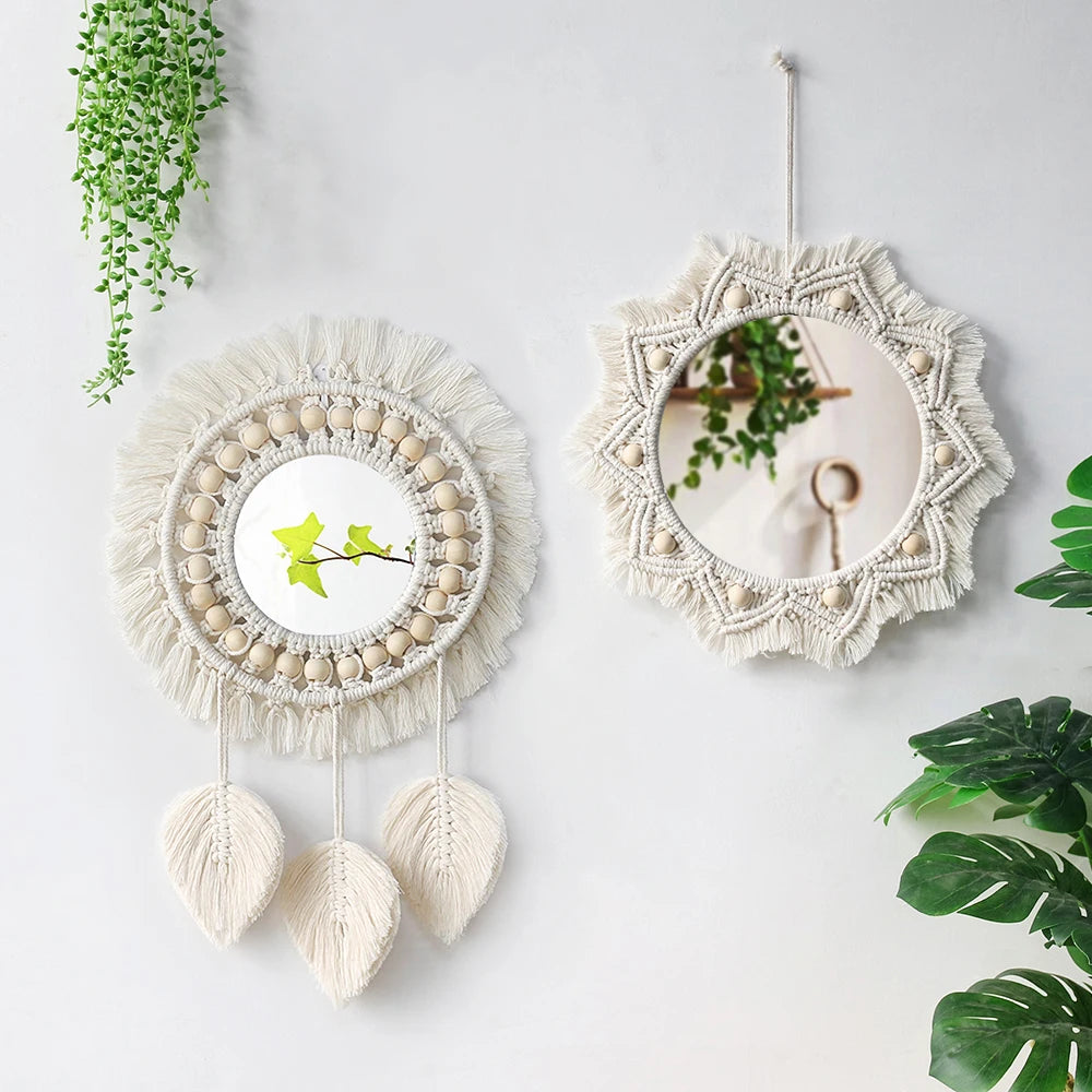Macrame Decorative Wall Mirror  Boho Home Decor Makeup Aesthetic Mirrors Living Room Bedroom Christmas Wedding Decoration Gift